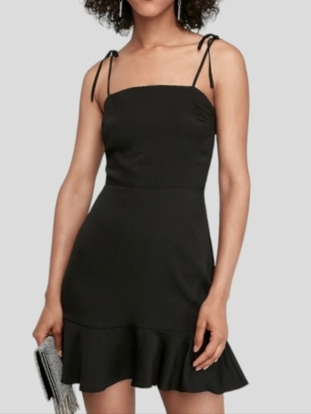 Black Mini Dress Size XS Ruffled Hem Tie Strap LBD Cocktail 90s